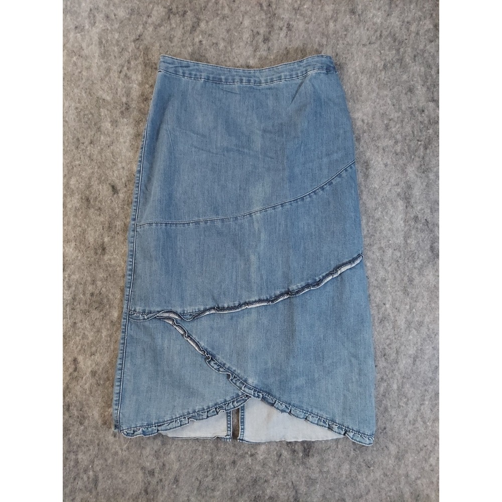 Christopher Banks Denim Skirt Womens 8 Blue Rufle High Low Criss Cross Side Zip